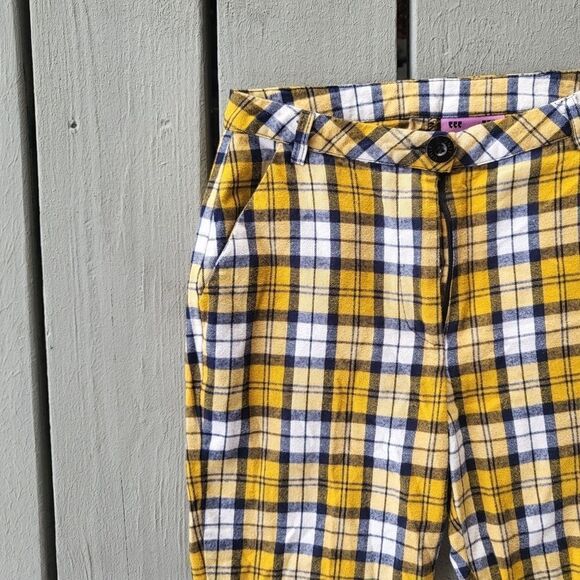 Unif Yellow & White Dawson Plaid High Waisted Cropped Straight Cotton Pants 24 - Picture 5 of 9